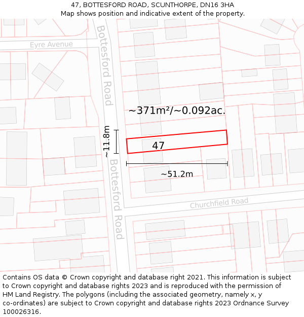 47, BOTTESFORD ROAD, SCUNTHORPE, DN16 3HA: Plot and title map