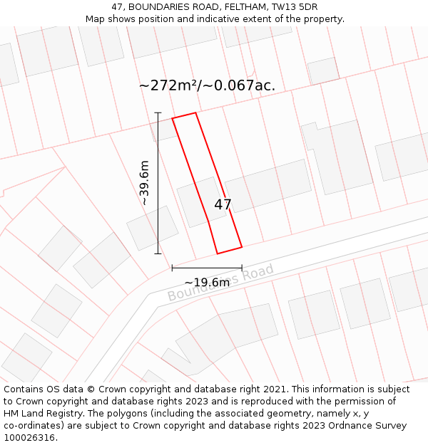 47, BOUNDARIES ROAD, FELTHAM, TW13 5DR: Plot and title map