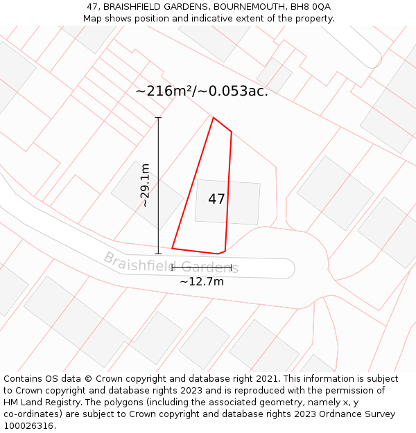 47, BRAISHFIELD GARDENS, BOURNEMOUTH, BH8 0QA: Plot and title map