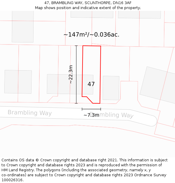 47, BRAMBLING WAY, SCUNTHORPE, DN16 3AF: Plot and title map