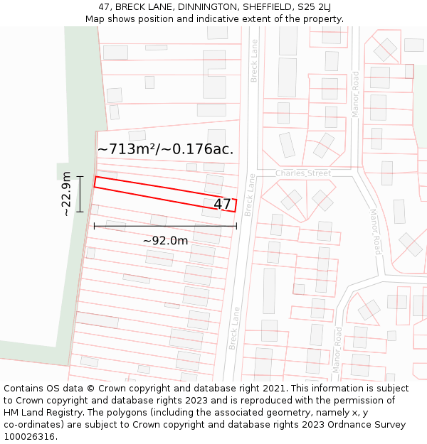 47, BRECK LANE, DINNINGTON, SHEFFIELD, S25 2LJ: Plot and title map
