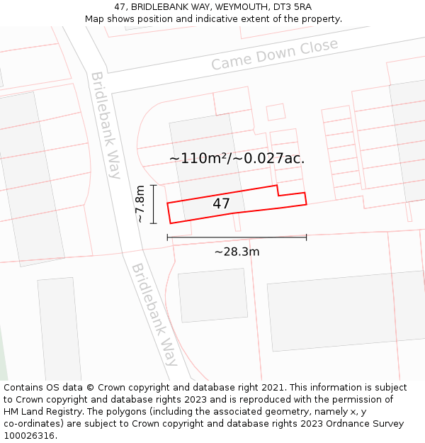 47, BRIDLEBANK WAY, WEYMOUTH, DT3 5RA: Plot and title map