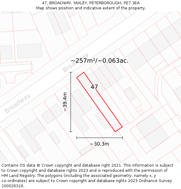 47, BROADWAY, YAXLEY, PETERBOROUGH, PE7 3EA: Plot and title map