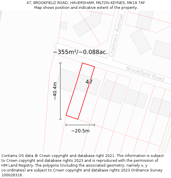 47, BROOKFIELD ROAD, HAVERSHAM, MILTON KEYNES, MK19 7AF: Plot and title map