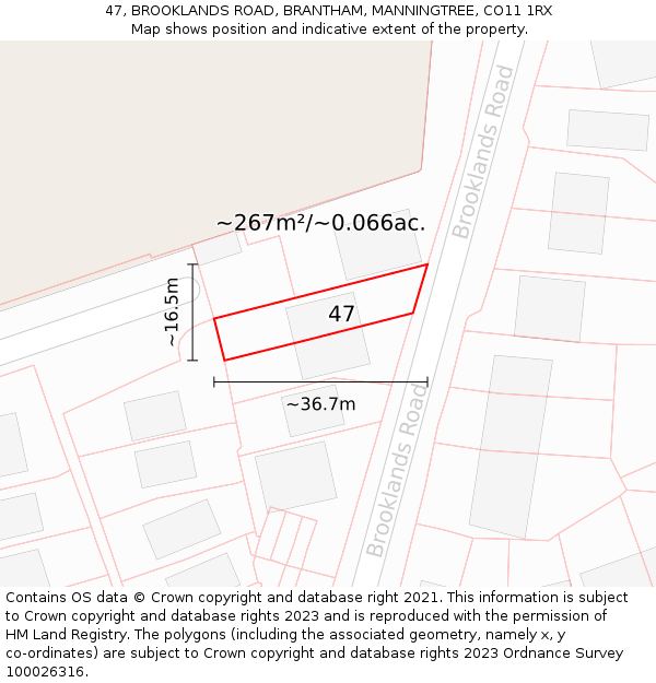 47, BROOKLANDS ROAD, BRANTHAM, MANNINGTREE, CO11 1RX: Plot and title map
