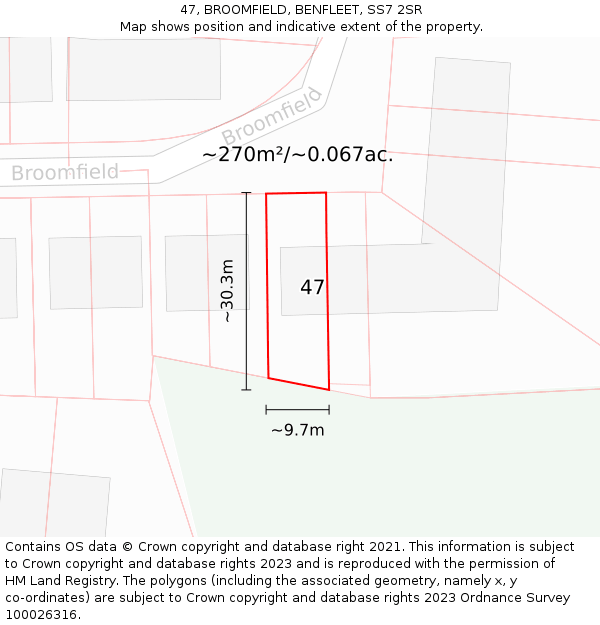 47, BROOMFIELD, BENFLEET, SS7 2SR: Plot and title map