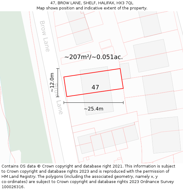 47, BROW LANE, SHELF, HALIFAX, HX3 7QL: Plot and title map
