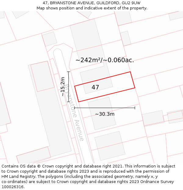 47, BRYANSTONE AVENUE, GUILDFORD, GU2 9UW: Plot and title map
