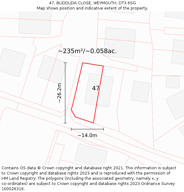 47, BUDDLEIA CLOSE, WEYMOUTH, DT3 6SG: Plot and title map