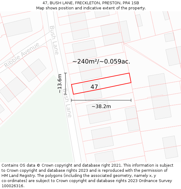 47, BUSH LANE, FRECKLETON, PRESTON, PR4 1SB: Plot and title map
