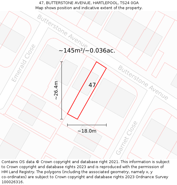 47, BUTTERSTONE AVENUE, HARTLEPOOL, TS24 0GA: Plot and title map