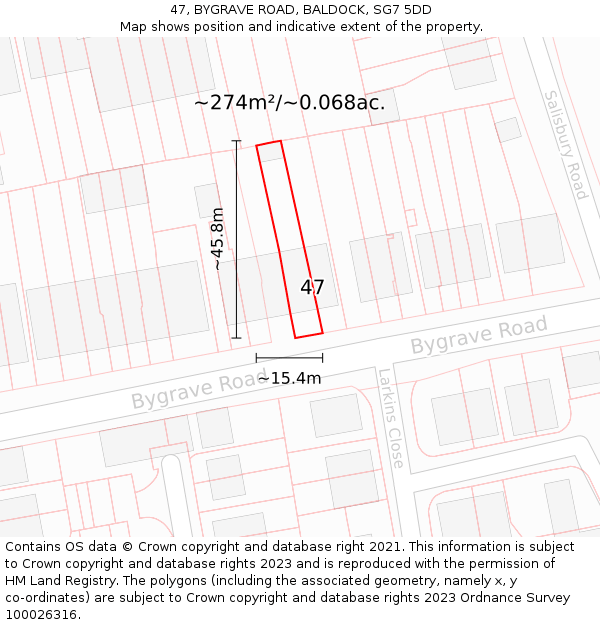 47, BYGRAVE ROAD, BALDOCK, SG7 5DD: Plot and title map