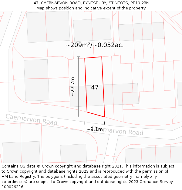 47, CAERNARVON ROAD, EYNESBURY, ST NEOTS, PE19 2RN: Plot and title map