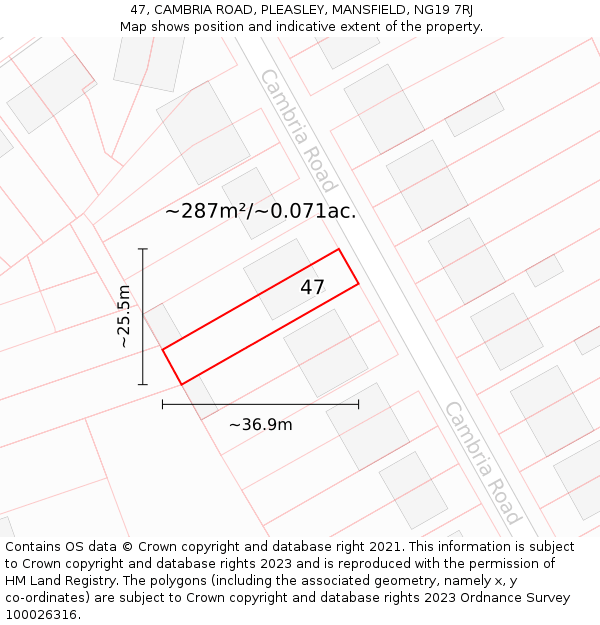47, CAMBRIA ROAD, PLEASLEY, MANSFIELD, NG19 7RJ: Plot and title map