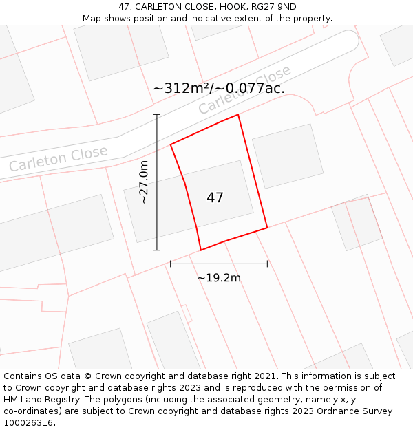 47, CARLETON CLOSE, HOOK, RG27 9ND: Plot and title map