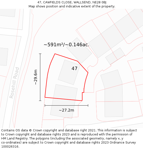 47, CAWFIELDS CLOSE, WALLSEND, NE28 0BJ: Plot and title map