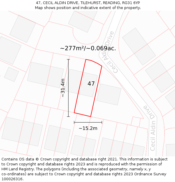 47, CECIL ALDIN DRIVE, TILEHURST, READING, RG31 6YP: Plot and title map