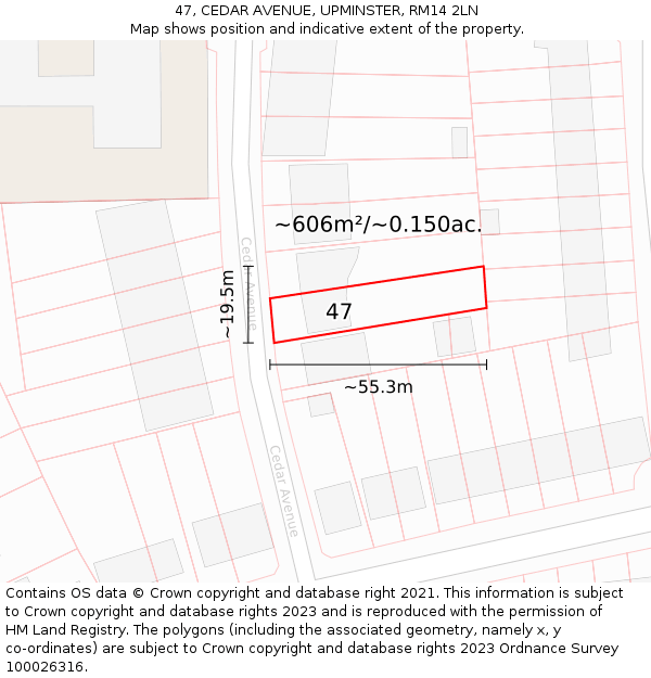 47, CEDAR AVENUE, UPMINSTER, RM14 2LN: Plot and title map