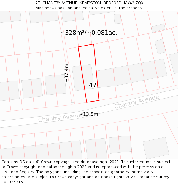 47, CHANTRY AVENUE, KEMPSTON, BEDFORD, MK42 7QX: Plot and title map