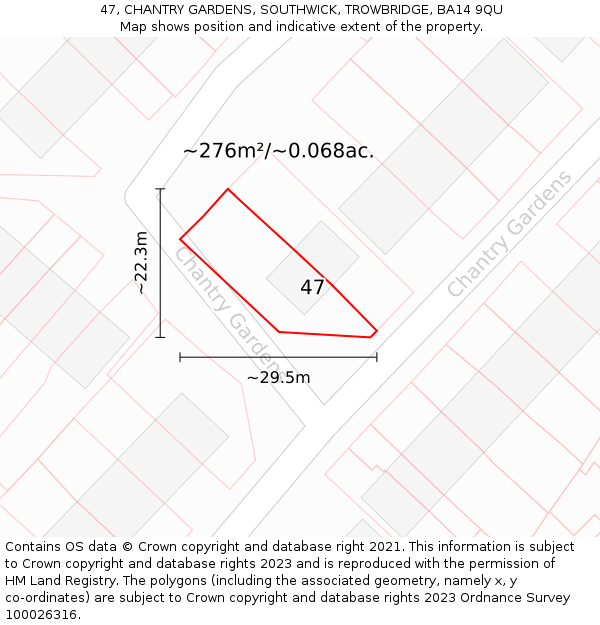 47, CHANTRY GARDENS, SOUTHWICK, TROWBRIDGE, BA14 9QU: Plot and title map