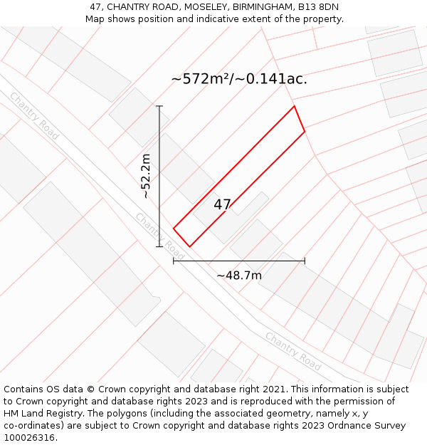 47, CHANTRY ROAD, MOSELEY, BIRMINGHAM, B13 8DN: Plot and title map