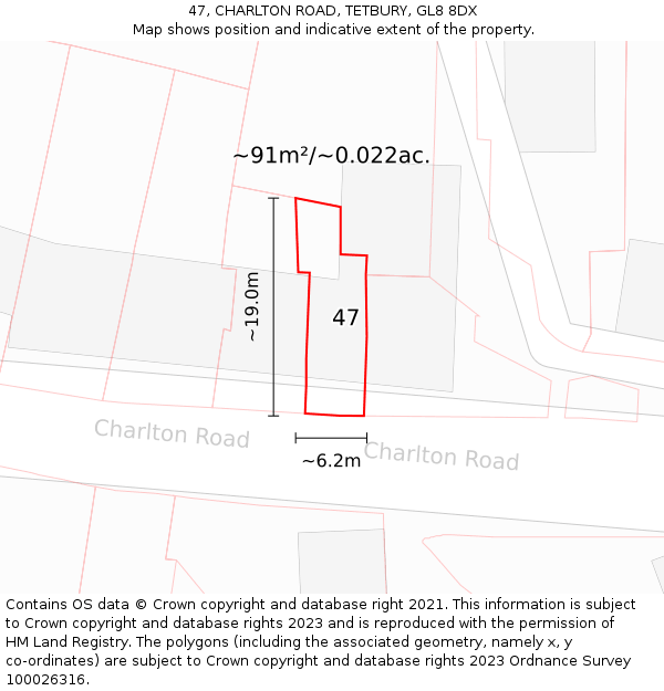 47, CHARLTON ROAD, TETBURY, GL8 8DX: Plot and title map