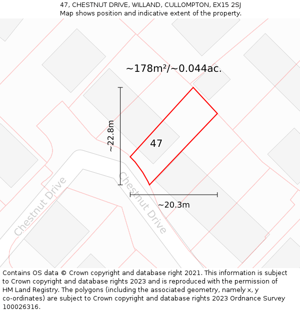 47, CHESTNUT DRIVE, WILLAND, CULLOMPTON, EX15 2SJ: Plot and title map