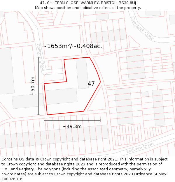 47, CHILTERN CLOSE, WARMLEY, BRISTOL, BS30 8UJ: Plot and title map