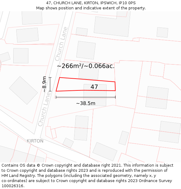 47, CHURCH LANE, KIRTON, IPSWICH, IP10 0PS: Plot and title map