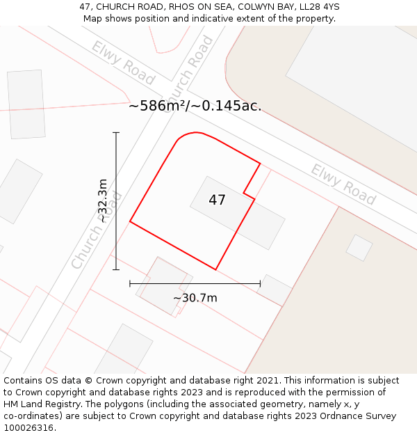 47, CHURCH ROAD, RHOS ON SEA, COLWYN BAY, LL28 4YS: Plot and title map