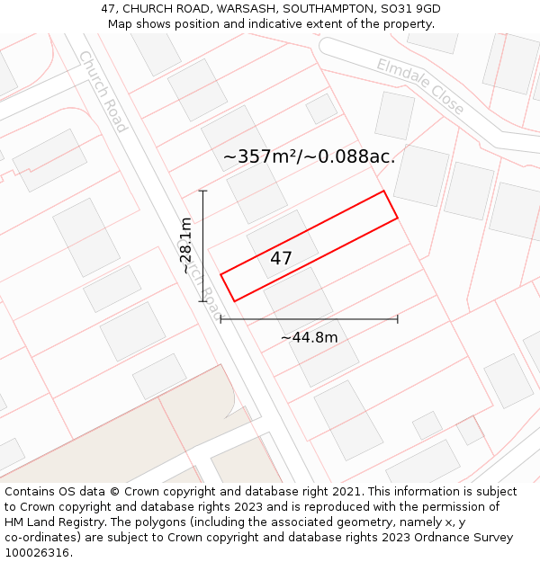 47, CHURCH ROAD, WARSASH, SOUTHAMPTON, SO31 9GD: Plot and title map