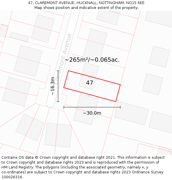 47, CLAREMONT AVENUE, HUCKNALL, NOTTINGHAM, NG15 6EE: Plot and title map