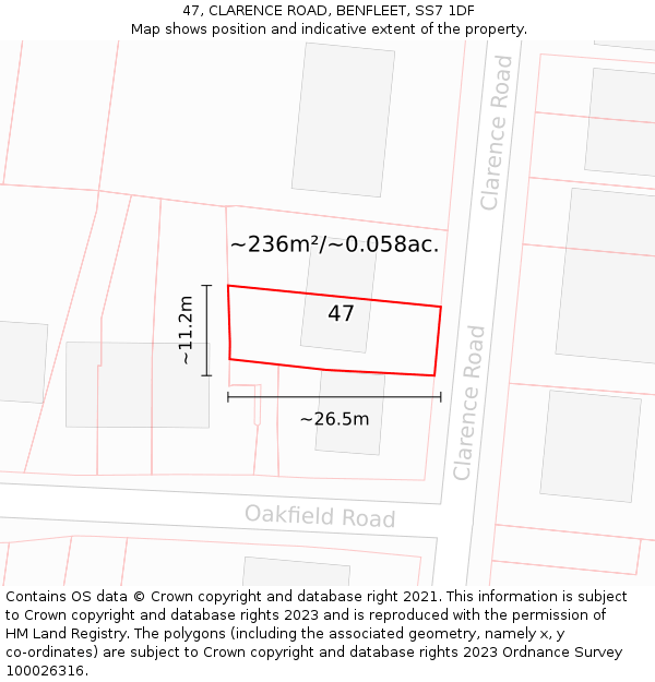 47, CLARENCE ROAD, BENFLEET, SS7 1DF: Plot and title map