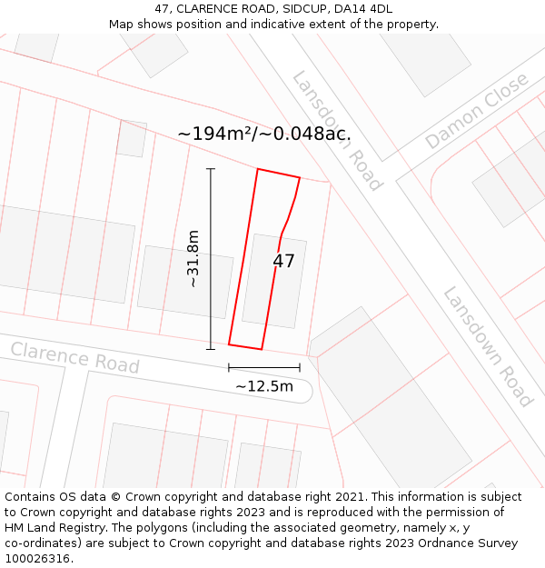 47, CLARENCE ROAD, SIDCUP, DA14 4DL: Plot and title map