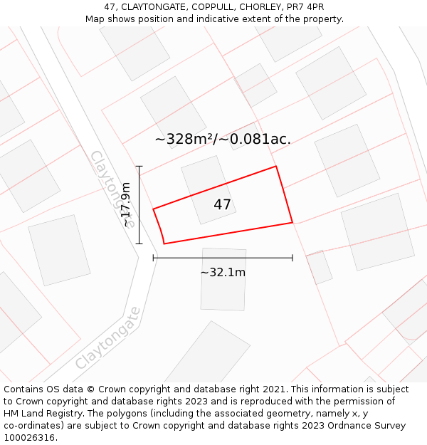 47, CLAYTONGATE, COPPULL, CHORLEY, PR7 4PR: Plot and title map