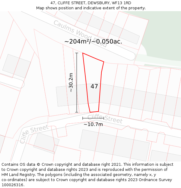 47, CLIFFE STREET, DEWSBURY, WF13 1RD: Plot and title map