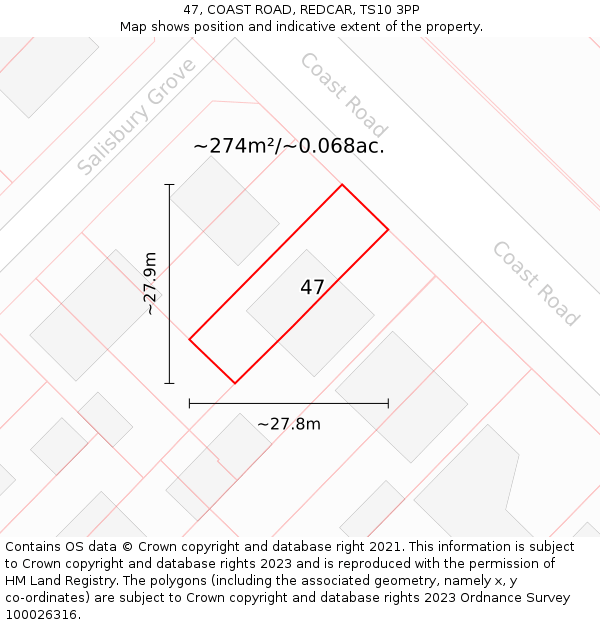 47, COAST ROAD, REDCAR, TS10 3PP: Plot and title map