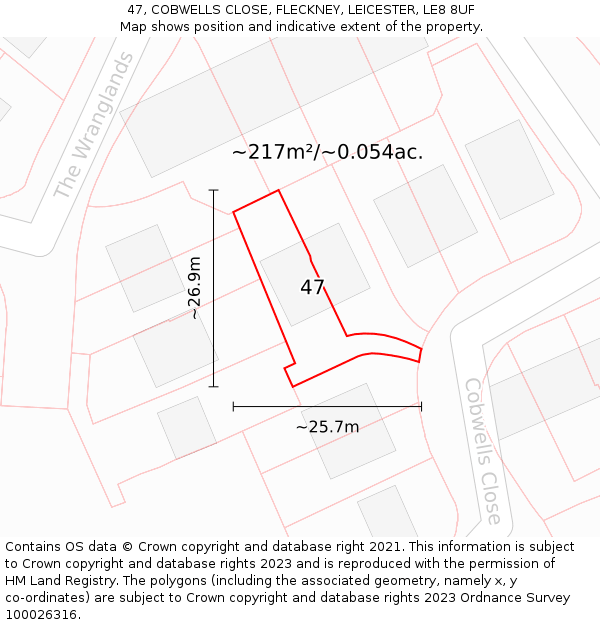 47, COBWELLS CLOSE, FLECKNEY, LEICESTER, LE8 8UF: Plot and title map