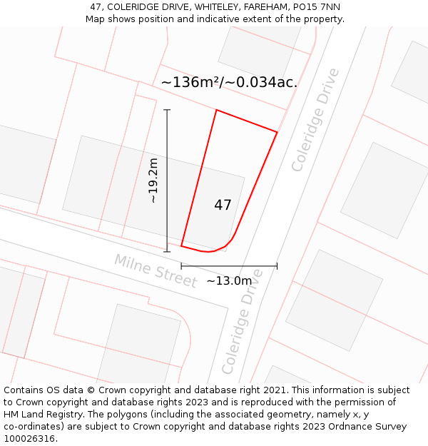 47, COLERIDGE DRIVE, WHITELEY, FAREHAM, PO15 7NN: Plot and title map