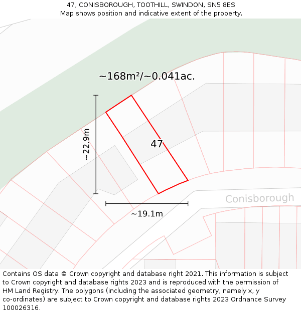 47, CONISBOROUGH, TOOTHILL, SWINDON, SN5 8ES: Plot and title map