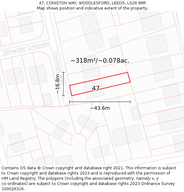 47, CONISTON WAY, WOODLESFORD, LEEDS, LS26 8RR: Plot and title map