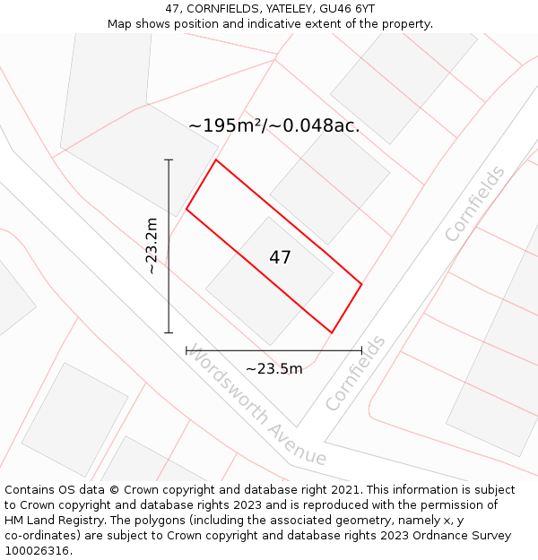 47, CORNFIELDS, YATELEY, GU46 6YT: Plot and title map