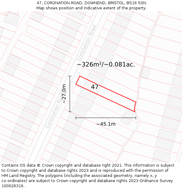 47, CORONATION ROAD, DOWNEND, BRISTOL, BS16 5SN: Plot and title map