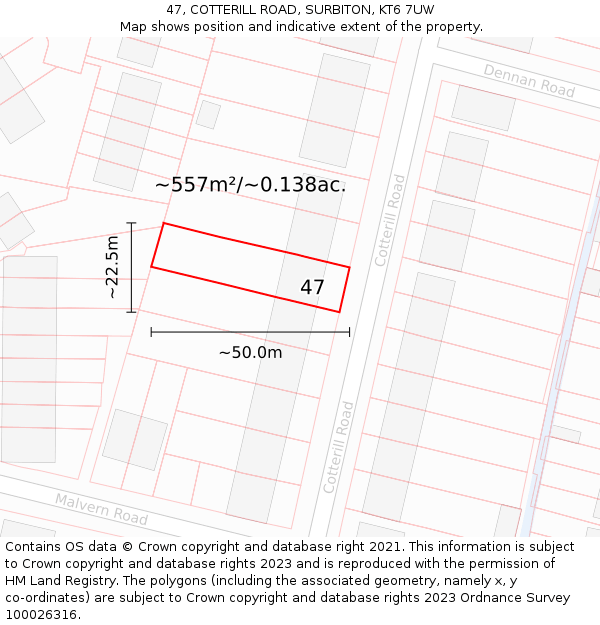 47, COTTERILL ROAD, SURBITON, KT6 7UW: Plot and title map