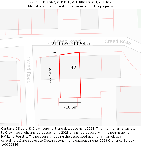 47, CREED ROAD, OUNDLE, PETERBOROUGH, PE8 4QX: Plot and title map