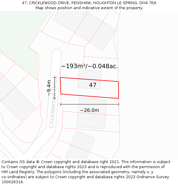 47, CRICKLEWOOD DRIVE, PENSHAW, HOUGHTON LE SPRING, DH4 7EA: Plot and title map