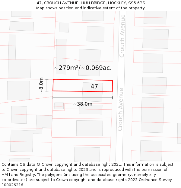 47, CROUCH AVENUE, HULLBRIDGE, HOCKLEY, SS5 6BS: Plot and title map
