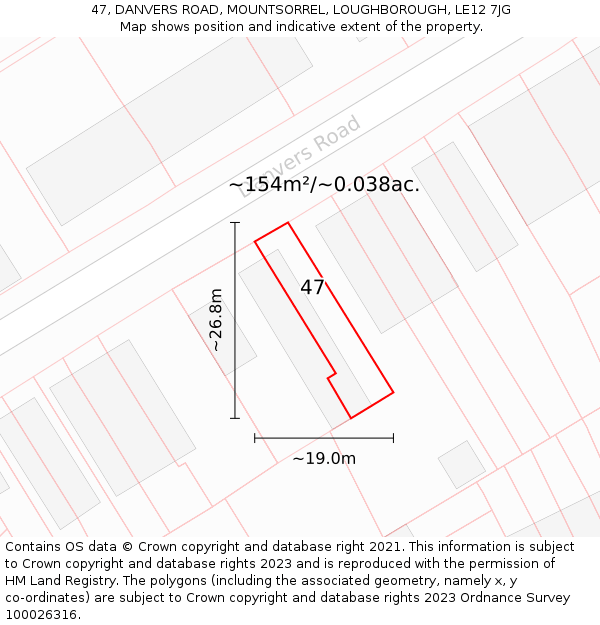 47, DANVERS ROAD, MOUNTSORREL, LOUGHBOROUGH, LE12 7JG: Plot and title map