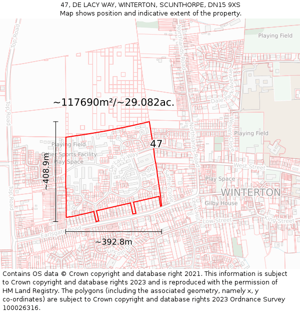 47, DE LACY WAY, WINTERTON, SCUNTHORPE, DN15 9XS: Plot and title map