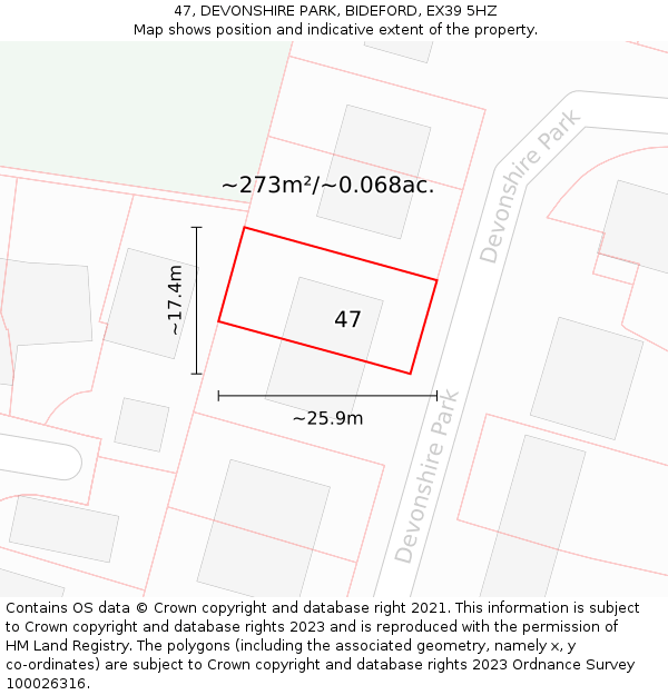 47, DEVONSHIRE PARK, BIDEFORD, EX39 5HZ: Plot and title map